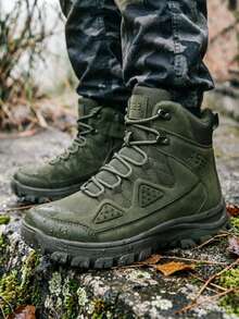 1 Pair Military Green Solid Color Outdoor Synthetic Leather Lace-Up Side Zipper Tactical Boots, Outdoor Hiking Boots, Suitable For All Seasons - Army Green - View 4