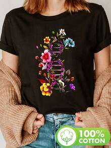 Women's Botany And DNA Science T-Shirt - Short Sleeve, Round Neck, With Molecular Floral Print (DNA Double Helix) - Biochemistry Casual Clothing For Teachers And Science Enthusiasts. - 黑色 - 查看 1