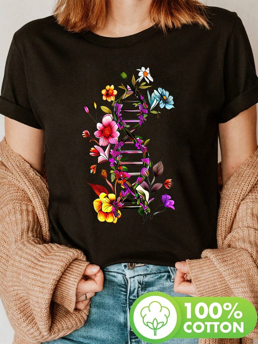 Women's Botany And DNA Science T-Shirt - Short Sleeve, Round Neck, With Molecular Floral Print (DNA Double Helix) - Biochemistry Casual Clothing For Teachers And Science Enthusiasts. - 黑色 - 查看 1