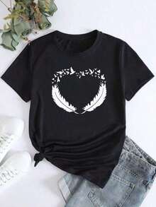 Camiseta de manga corta con cuello redondo para mujer, estampada con un diseño de corazón de plumas, sencilla y elegante. - Negro - Ver 1