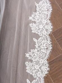 1pc French Lace Trim Short & Long Bridal Veil, Soft Tulle With Hair Comb, Ivory White,Summer,Beach,Wedding - 象牙 - 查看 9