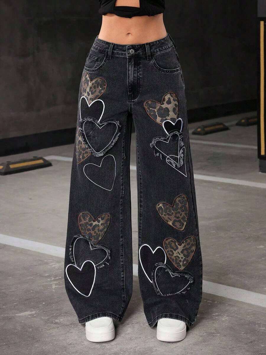 Jeans de talle bajo para mujer, nuevos pantalones casuales rectos y sueltos con bordado y estampado de corazón de moda de nicho, para todas las estaciones - Gris Oscuro - Ver 1