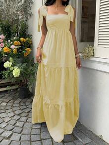 Unity Vestido maxi de corte evasé con espalda abierta y lazada, cuello cuadrado, cintura alta y rayas azules, para primavera/verano y vacaciones - Amarillo claro - Ver 3