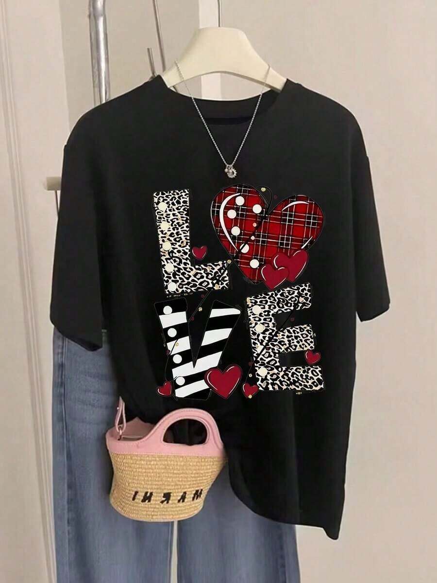 3 piezas de camisetas casuales de punto verde para mujer con estampado de corazón, manga corta, cuello redondo, corte regular, tela suave, diseño holgado, para primavera-verano, uso diario. - Negro - Ver 1