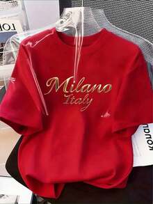Soft And Versatile Women's T-Shirt With Stylish "MILANO ITALY" Letter Print - Comfortable Casual Round Neck Short Sleeve Top, Suitable For All Seasons, Versatile T-Shirt | Handwritten Style Top | Minimalist White Summer Design - 紅色的 - 查看 1