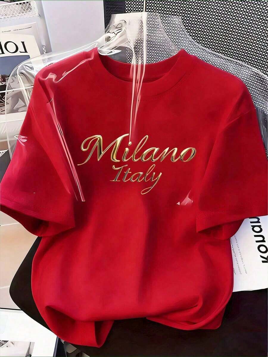 Soft And Versatile Women's T-Shirt With Stylish "MILANO ITALY" Letter Print - Comfortable Casual Round Neck Short Sleeve Top, Suitable For All Seasons, Versatile T-Shirt | Handwritten Style Top | Minimalist White Summer Design - 紅色的 - 查看 1