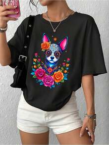 Women's T-Shirts Colorful Dog Sugar Skull Floral Art 100% Breathable. All Kinds Of Prints, Jacket, Round Neck T-Shirt, Casual, For Office, For Travel, Very Popular, Sporty Style, Print/Pattern, 100% Cotton T-Shirt, Casual T-Shirt, Comfortable, Soft, Breathable. The Latest Popular Bestseller - 黑色 - 查看 3