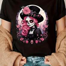 Women's Gothic Halloween Casual T-Shirt - Not See-Through, With Pink Roses, Machine Washable For Daily Wear And Parties, Halloween Party T-Shirt, Casual Clothing, Graphic And Fun, Medium Stretch Fabric, Seasonal Fashion, Fun Design, Soft Texture, Crew Neck, For Adults. - 黑色 - 查看 1