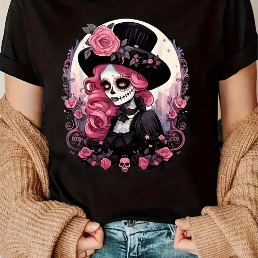 Women's Gothic Halloween Casual T-Shirt - Not See-Through, With Pink Roses, Machine Washable For Daily Wear And Parties, Halloween Party T-Shirt, Casual Clothing, Graphic And Fun, Medium Stretch Fabric, Seasonal Fashion, Fun Design, Soft Texture, Crew Neck, For Adults. - 黑色 - 查看 1