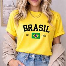 Women's Brazil Flag T-Shirt, 100% Cotton, Basic Design (Vd) - Yellow - View 1