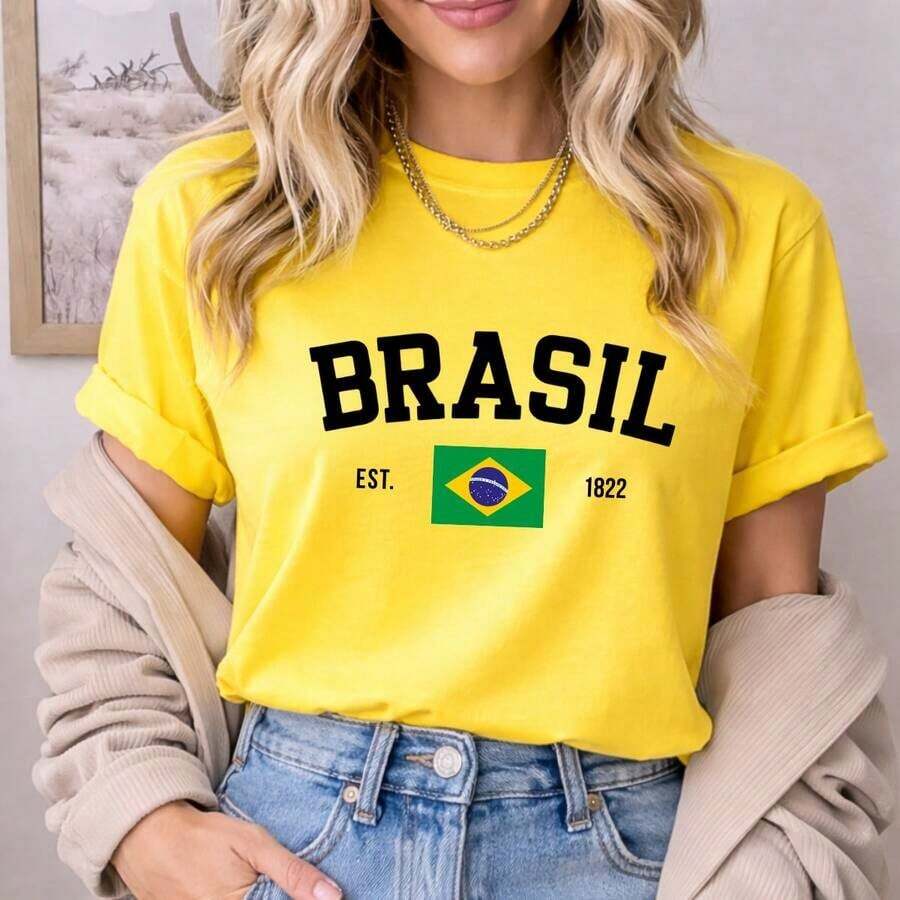 Women's Brazil Flag T-Shirt, 100% Cotton, Basic Design (Vd) - Yellow - View 1