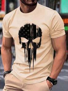 Camiseta casual de cuello redondo para hombre, hecha de tela de punto de poliéster con un ligero estiramiento, ajuste regular, decorada con estampado 3D de calavera y rayas patrióticas en los hombros, una camiseta gráfica novedosa. - Albaricoque - Ver 1