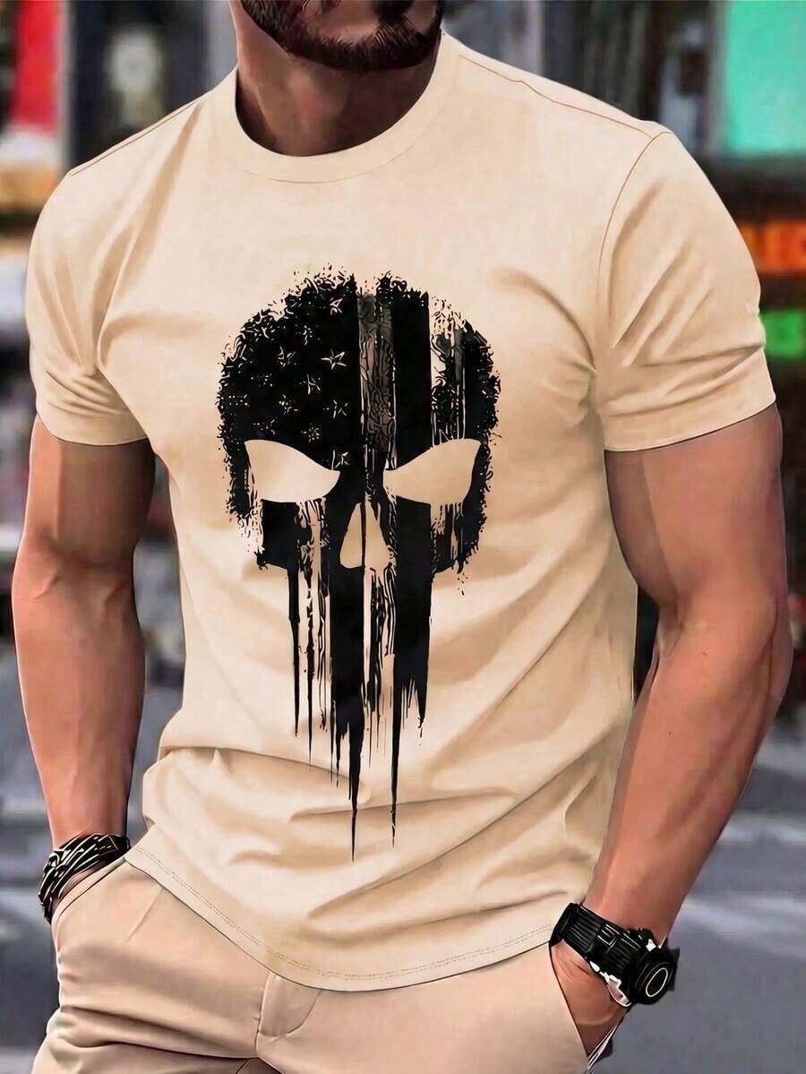 Camiseta casual de cuello redondo para hombre, hecha de tela de punto de poliéster con un ligero estiramiento, ajuste regular, decorada con estampado 3D de calavera y rayas patrióticas en los hombros, una camiseta gráfica novedosa. - Albaricoque - Ver 1