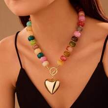 Colar com Pingente de Coração de Contas de Resina em Cores Variadas, Colar com Pingente de Coração Fofo Dourado, Colar Gargantilha de Acrílico da Moda (Cor Aleatória) - Multicolorido - Visão 4