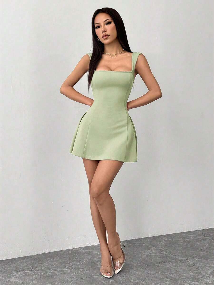 PETITE Vestido rojo mini de talle alto, con cuello cuadrado sexy y elegante, para fiesta y citas - verde menta - Ver 1