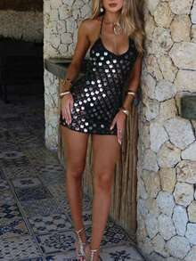 Women's Crochet Backless Sleeveless Semi-Sheer Cover-Up, Suitable For Party, Date, Beach, Holiday, Black Tie-Up Sequin Slip Dress Vacation Summer - Black - View 5