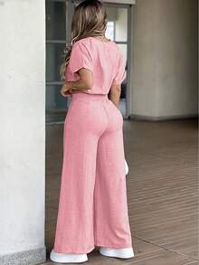 Women's New Solid Color Elegant Zipper Button 2-Piece Set, Suitable For Daily Wear And Vacation, Spring/Summer Pink - Pink - View 2