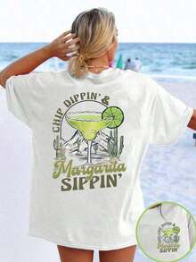 Retro Margarita Design T-Shirt, 5th Anniversary Celebration. Never, Mexico, Funny Drinking Tee, Women's Summer Tee, "Chip-Dippin-Margarita-Sippin," Spring Break Tee, Summer Tee - White - View 5