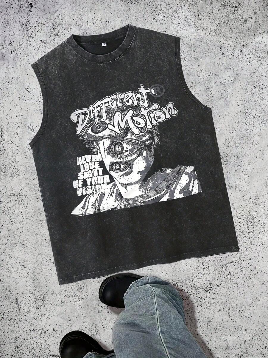 Men Vintage Washed Black Cotton Graphic Tops, Different Motion Abstract Face Print Casual Clothes, Retro Distressed Oversized Men Vacation Outfits, Stylish Summer Clothes Streetwear Sleeveless Tank Top, Free Shipping - 黑色 - 查看 1