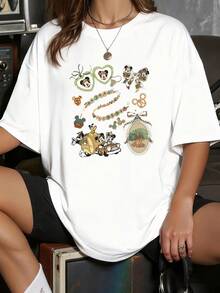 Corazones con personajes alegres rodeados de lazos y colgantes que evocan diversión y nostalgia en un mundo mágico camiseta para mujer con estampado artístico y toque urbano moderno - Blanco - Ver 6