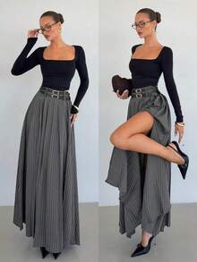 Falda plisada gris para mujer, falda larga de estilo "Old Money" de cintura alta con doble cinturón y bolsillos laterales con abertura, adecuada para uso formal, casual, trabajo, fiesta, viajes, negocios, docencia y uso diario, una prenda imprescindible para otoño e invierno - Gris Oscuro - Ver 7