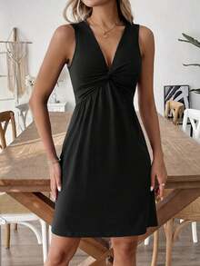 Vestido corto de verano sin mangas, de color liso y con torsión, de estilo casual - Negro - Ver 3