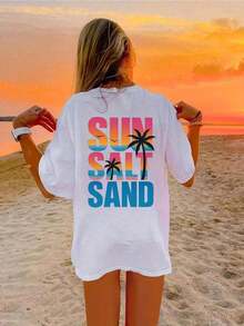 1 pieza de camiseta casual de cuello redondo para mujer SALT Print, manga corta, longitud regular, para primavera y verano, 180g, 100% algodón, los diseños están completamente estampados. Unisexo. - Blanco - Ver 11