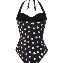 Asymmetrical Polka Dot Halter One Piece Swimsuit & Maxi Skirt Set For Women - Marrón - Ver 6