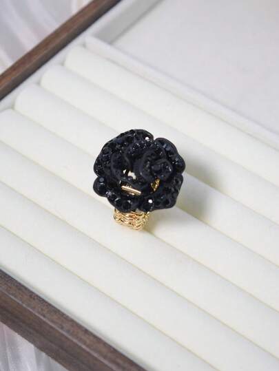 1 pieza Anillo elástico de mujer, Camellia negra vintage de aleación con incrustaciones de circonita sintética, diseño ajustable, adecuado para uso diario y como regalo
