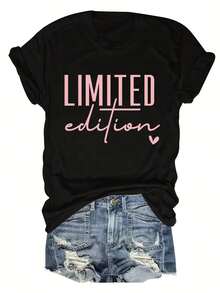 Women's 100% Cotton T-Shirts 2026 Fashion Short-Sleeved T-Shirt With LIMITED Writing And Korean Style Round Neck - Black - View 7
