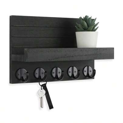 Wall Mounted Key Holder, Decorative Key And Mail Holder With Shelf, With Large Hooks For Bags, Coats, Umbrellas – Paulownia Wood Key Hanger With Mounting Hardware