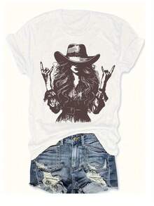 Women's Cotton T-Shirts With Round Neck, Casual, Vintage, Rock, Western, Cowboy Style, With Girl Silhouette Print, Short Sleeve, Fashionable, Fitted Summer Style, Economical And Affordable Women's T-Shirt, Simple T-Shirt For Everyday Use. - 白色 - 查看 1