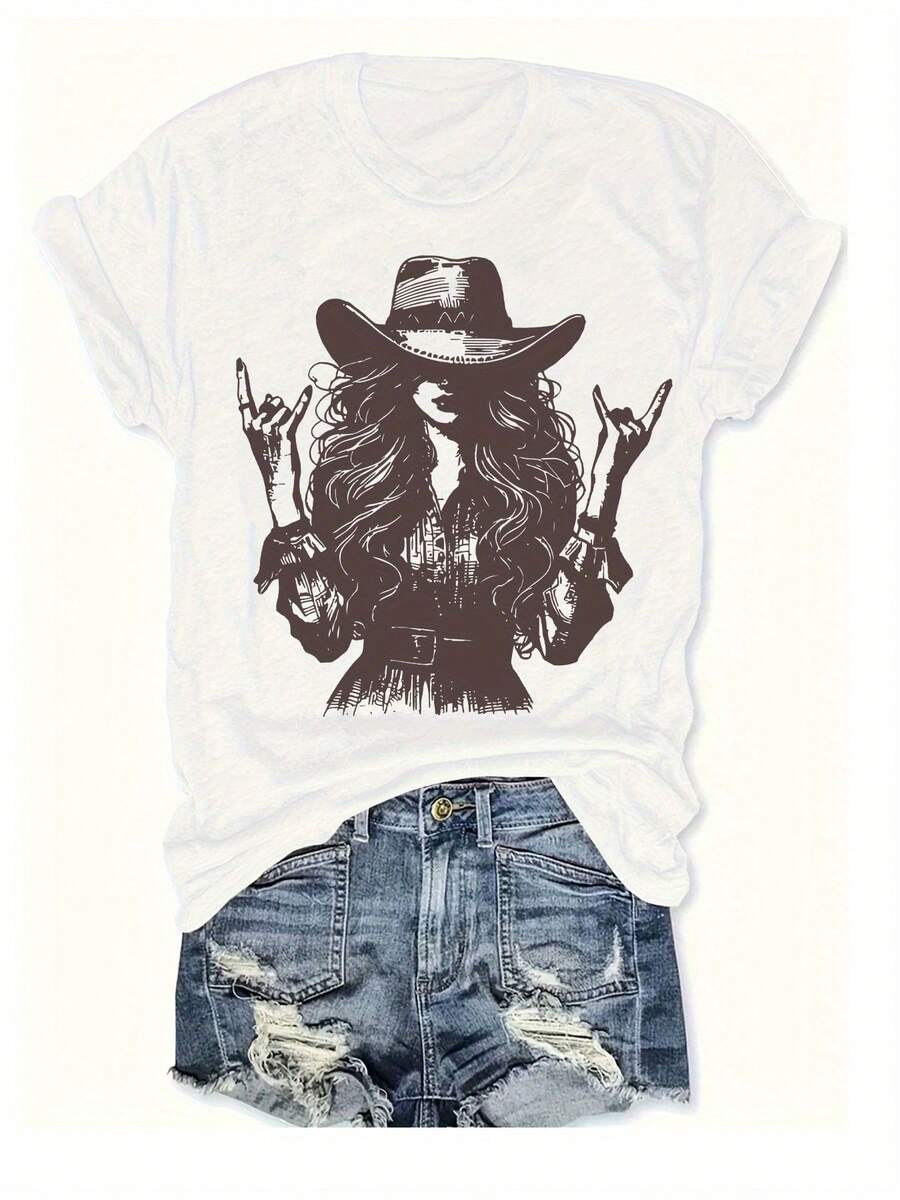 Women's Cotton T-Shirts With Round Neck, Casual, Vintage, Rock, Western, Cowboy Style, With Girl Silhouette Print, Short Sleeve, Fashionable, Fitted Summer Style, Economical And Affordable Women's T-Shirt, Simple T-Shirt For Everyday Use. - 白色 - 查看 1