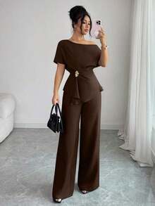 Elenzya Elegante y urbano conjunto de primavera/verano para mujer con pantalón ancho de una sola manga con hebilla metálica en la cintura, adecuado para uso diario, bodas, galas, ir al trabajo, fiestas de graduación, vacaciones, citas, fiestas, Halloween, Navidad, Año Nuevo, Acción de Gracias, bodas - Marrón - Ver 3