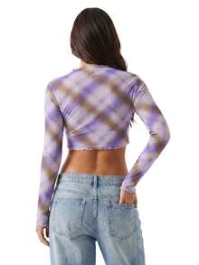 Women's Sheer Crop Tops Mesh Slim Fit Casual Lettuce Trim Dot/Plaid/Floral Stylish Crew Neck Long Sleeve T-Shirt - Morado - Ver 6