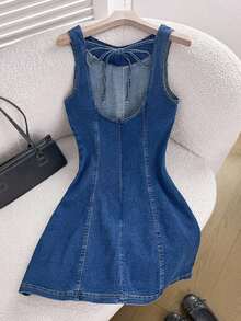 Vestido de mezclilla sin mangas con cuello redondo, espalda descubierta y atar atrás, para mujer en verano - Azul lavado oscuro - Ver 2
