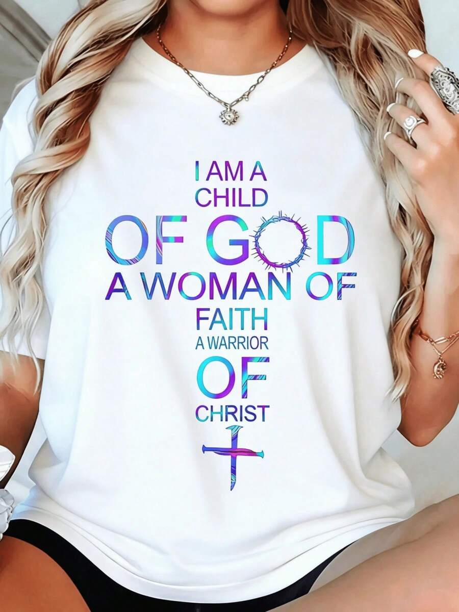 Classic Faith T-Shirt [1 Piece] Women's Christian Faith T-Shirt, Casual Short Sleeve Top With Colorful Letters And Thorn Cross Design, Soft Material, Machine Washable, Faith-Inspired Clothing, Inspirational Clothing, For Spiritual Women, Summer T-Shirt - 白色 - 查看 1