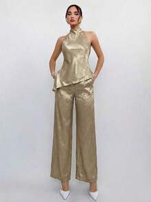 Conjunto de top halter y pantalones de color café claro, estilo sencillo para ir al trabajo - Dorado - Ver 5