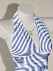 Top halter de estampado de rayas azul y blanco, elegante y versátil, adecuado para primavera/verano, cómodo para vacaciones de verano y playa para mujeres - Multicolor 2 - Ver 5