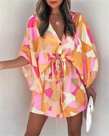 Vestido estampado para mujer, Sexy, con cuello en V, manga murciélago, volantes, estampado de flores, vestido veraniego bohemio para playa, Mini vestidos sueltos para vacaciones de verano - Rosa - Ver 5
