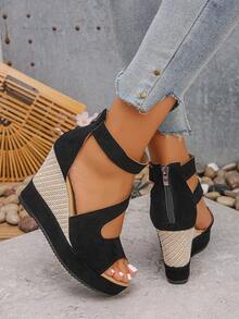 Women's Peep-Toe Thick Bottom Wedge High Heel Sandals, New Platform Peep Toe Roman Shoes For Summer - Black - View 5