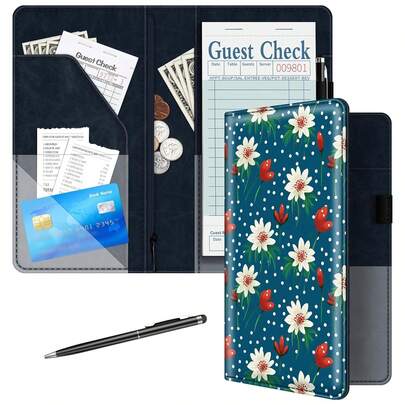 BVYA Server Book For Waitress, 5x9 Inch Server Book With Zipper Pocket, Unique Printed Leather Server Wallet Organizer Fit Waitress Apron, With A Pen