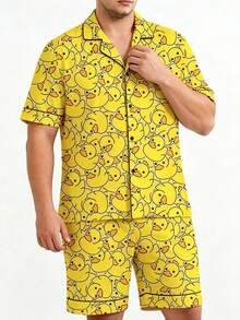 Plus Size Men's Lightweight Duck Print Lapel Short Sleeve Shorts 2 Pieces Pajama Set - Multicolor - View 4