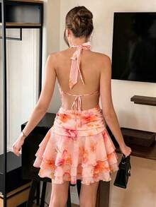 elegante y romántico de mujer con cuello halter, cintura ajustada, falda plisada con volantes en color albaricoque y blanco, vestido corto, nuevo vestido de primavera/verano, vestido para cita de San Valentín, vestido casual de vaca - Rosado Sandía - Ver 2