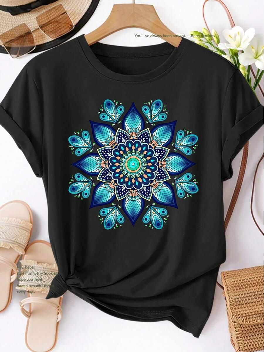 Women's Short Sleeve T-Shirt, Style, Blue-Green Mandala Print, Spring Summer Autumn, Elegant, Versatile, Casual, Sporty, Round Neck, Soft And Comfortable, Sizes S-XXL, New 2026 - 100% Breathable Cotton - 黑色 - 查看 1
