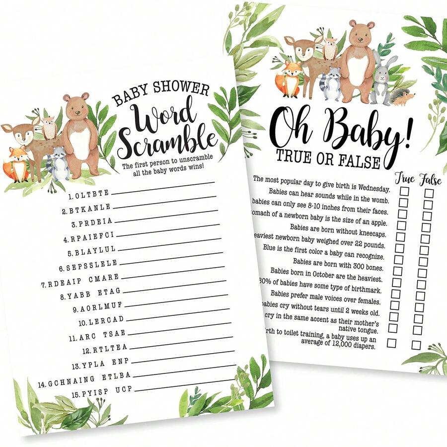 20/40 jogos para chá de bebê para convidados, jogo de palavras cruzadas com tema de floresta, verdadeiro ou falso, jogo para chá de bebê menino ou menina, cartões para revelação de gênero (A/B disponíveis) - Multicolorido - Ver 1
