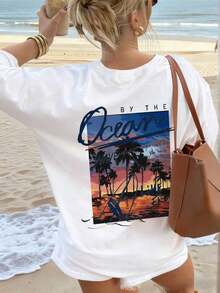 Camiseta holgada para mujer con estampado de palmeras y atardecer en el océano, suave y transpirable, estilo casual, estilo boho playero, manga corta, adecuada para vacaciones de verano, viajes a la playa, fiestas con fogatas y resorts tropicales, color negro. - Blanco - Ver 4