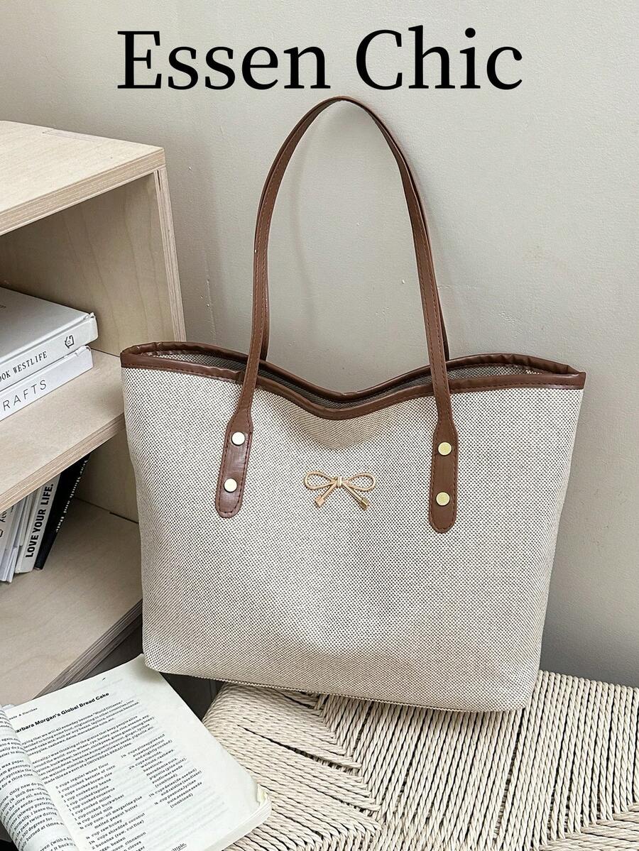 1pc Brown Metallic Bow Accent Large Capacity Linen Colorblock Tote Bag, Women Summer Shoulder Bag - Brown - View 1
