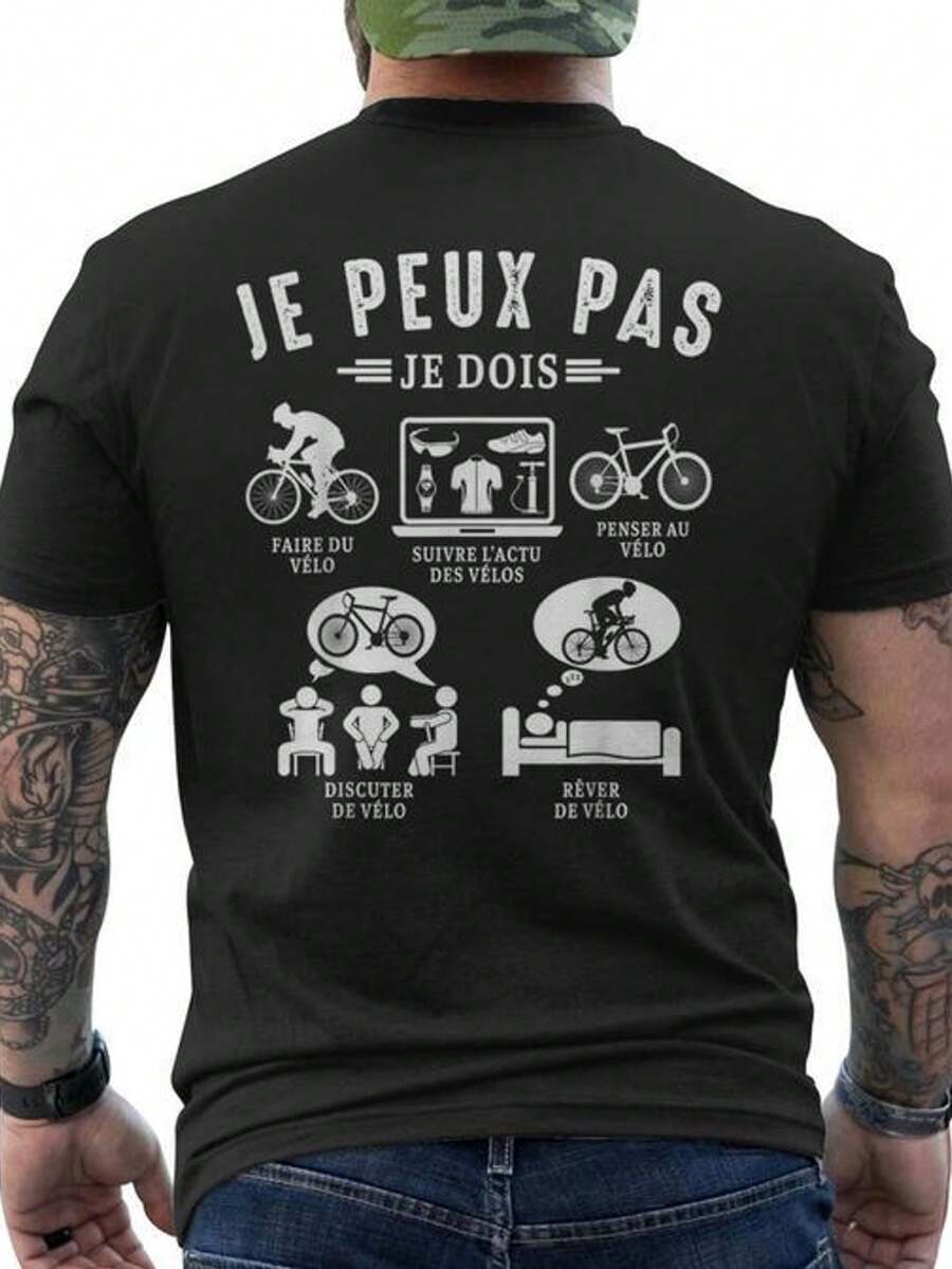 "I Can't, I Must Ride A Bike" T-Shirt - Cycling T-Shirt With Humor Printed On The Back - Men's T-Shirt - 100% - Crew Neck - Comfortable And Breathable Fabric - Short Sleeve T-Shirt - Loose And Comfortable For Summer. - Black - View 1