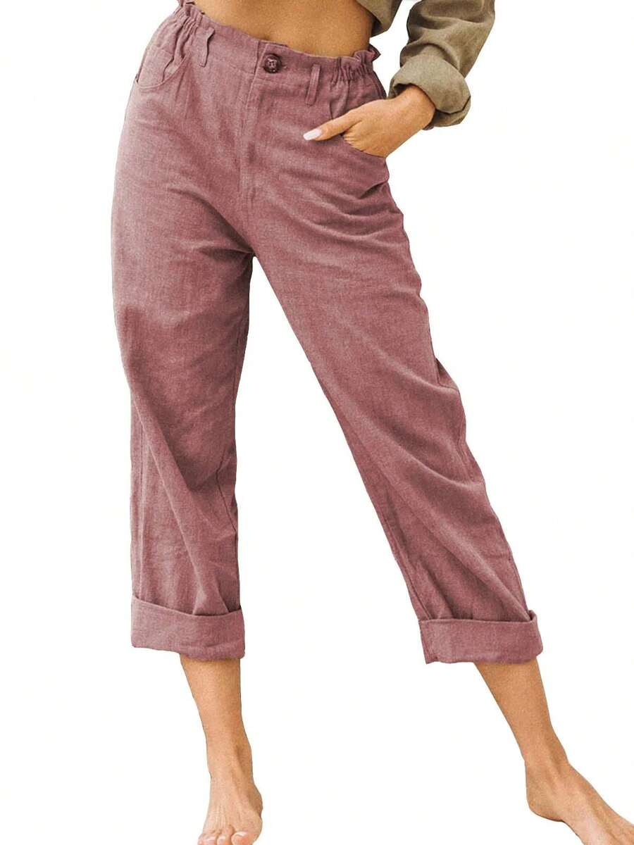 Pantalones de algodón y lino para mujer, pantalón corto de tubo recto, informal, cómodo, sencillo, rábano, novedad de verano 2024 - vino tinto - Ver 1